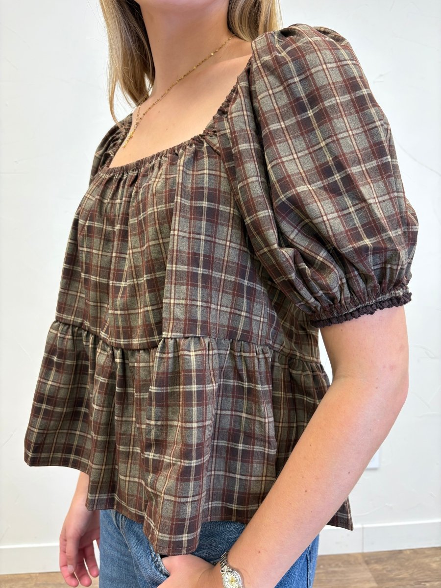 Plaid Square Neck Puff Sleeve Peplum Top - Three:Twelve Boutique - Wishlist