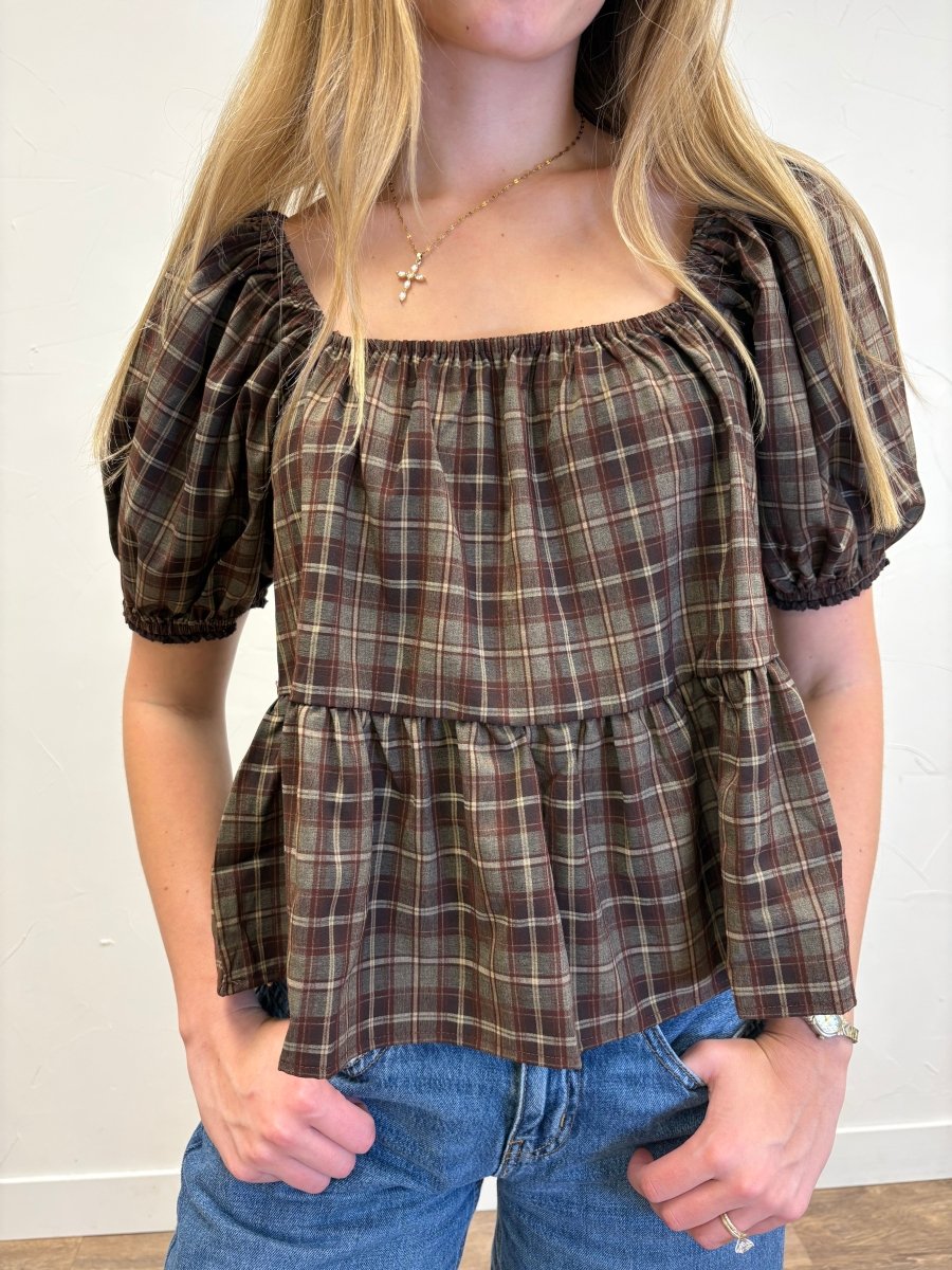 Plaid Square Neck Puff Sleeve Peplum Top - Three:Twelve Boutique - Wishlist