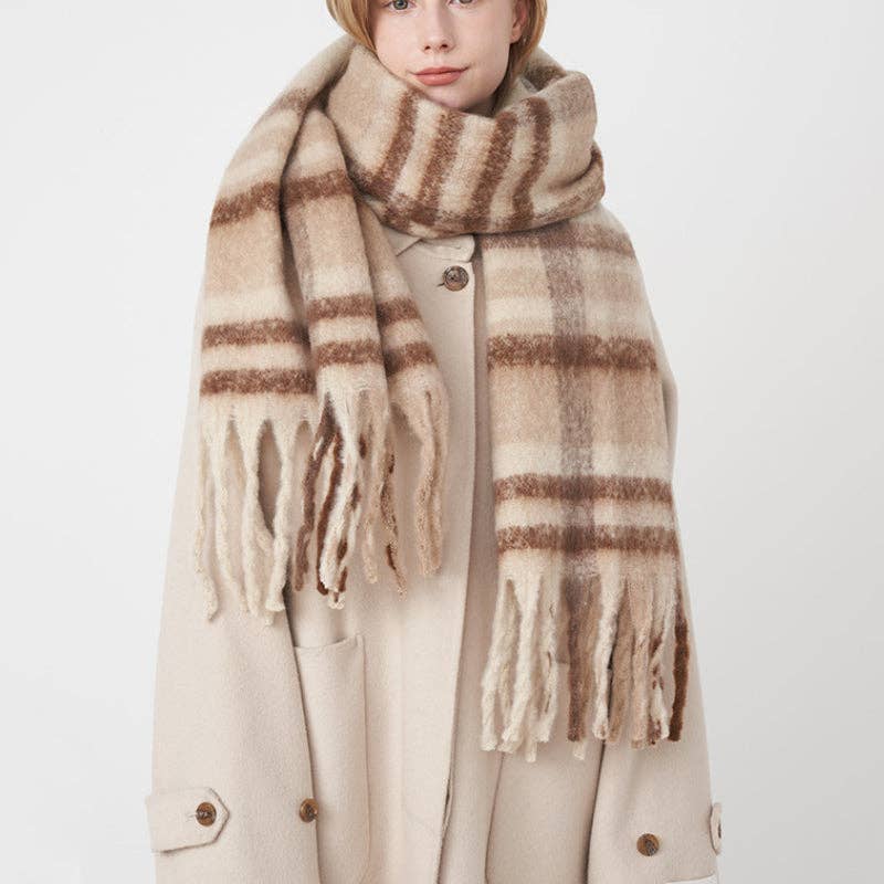 Plaid Tassel Mohair Scarves: Beige - Three:Twelve Boutique - Dipped Shop
