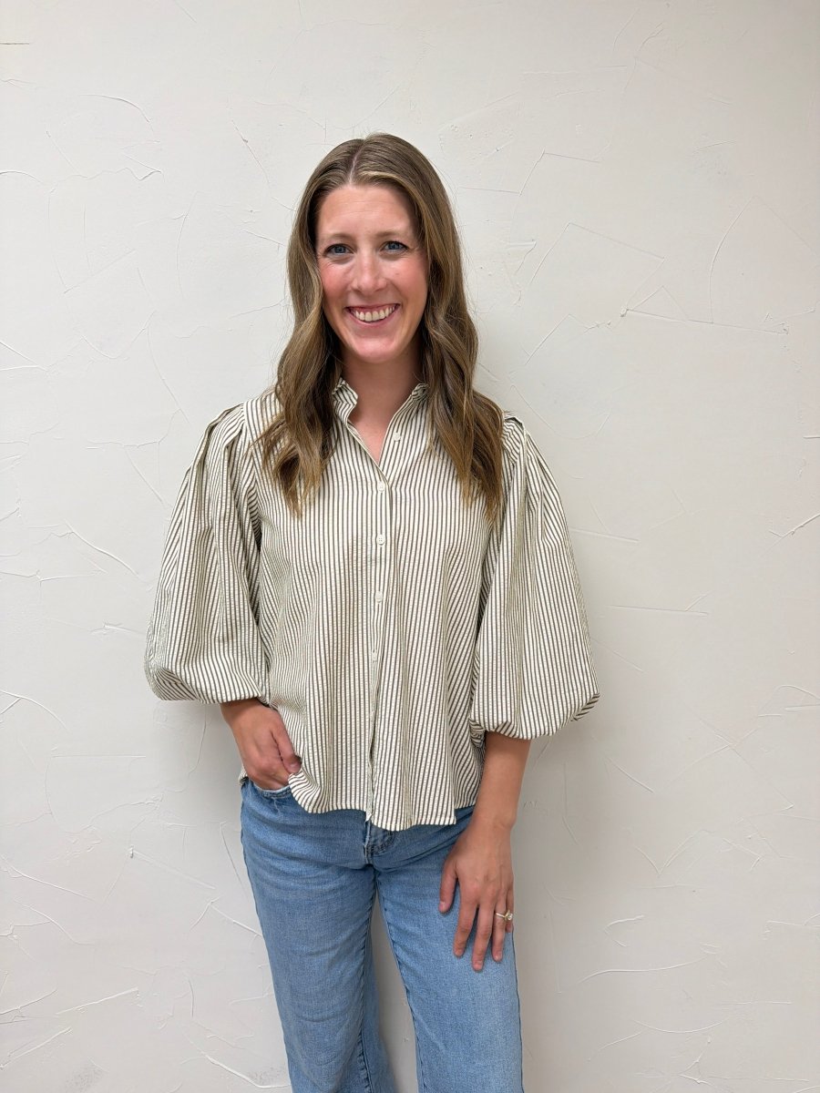 Pleated Button Down Shirt for Women – Chic Collared Long Sleeve Blouse - Three:Twelve Boutique - Staccato