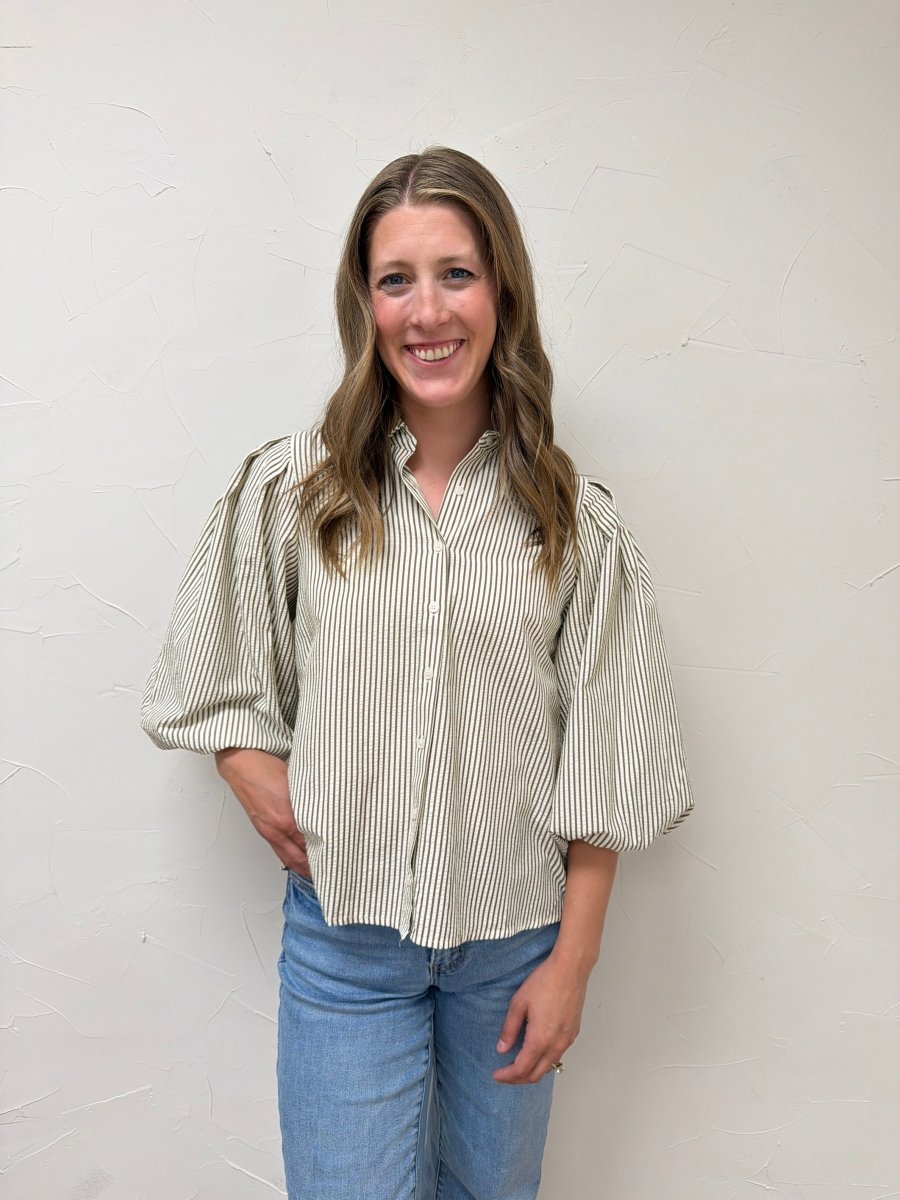 Pleated Button Down Shirt for Women – Chic Collared Long Sleeve Blouse - Three:Twelve Boutique - Staccato