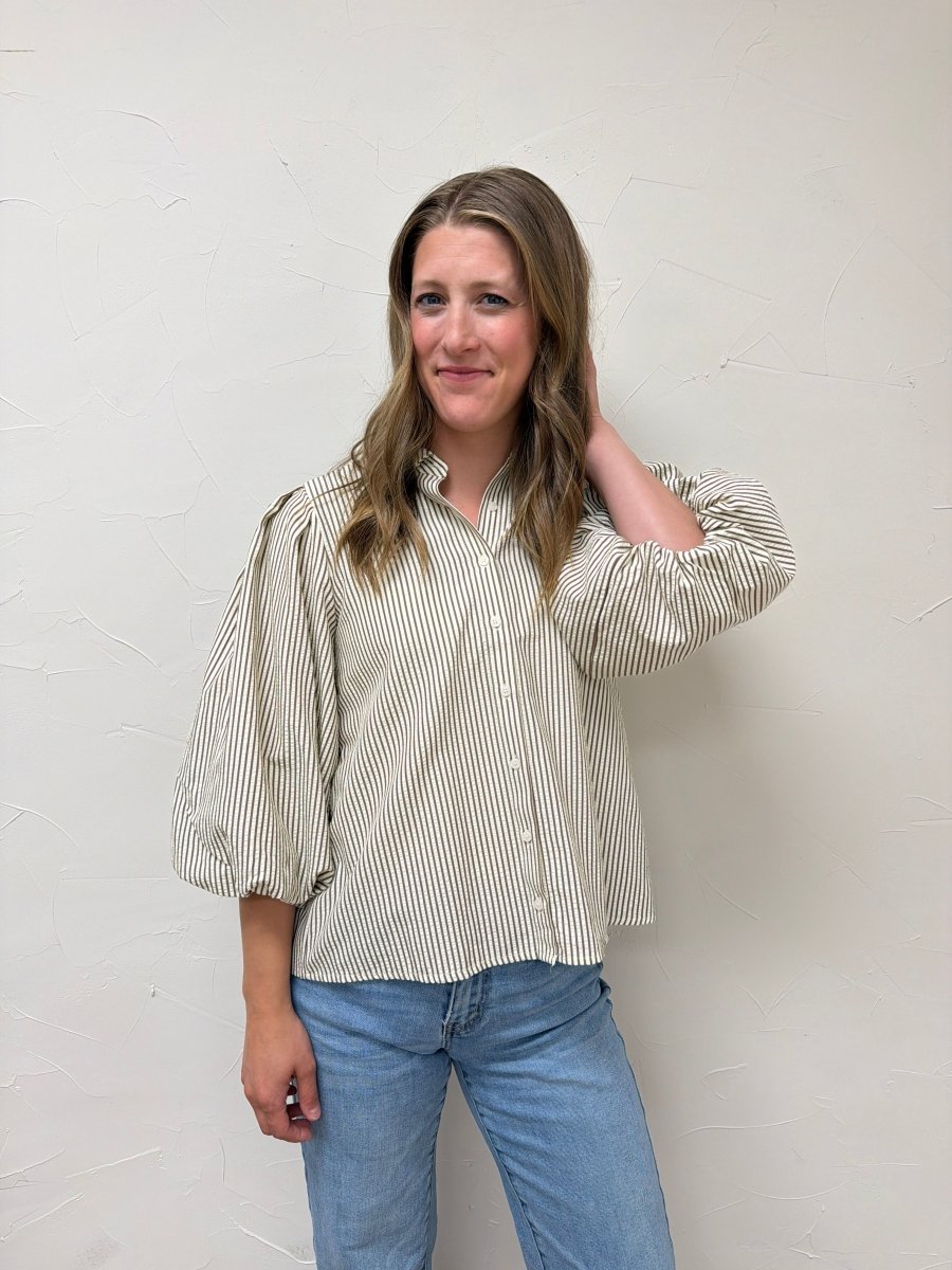 Pleated Button Down Shirt for Women – Chic Collared Long Sleeve Blouse - Three:Twelve Boutique - Staccato