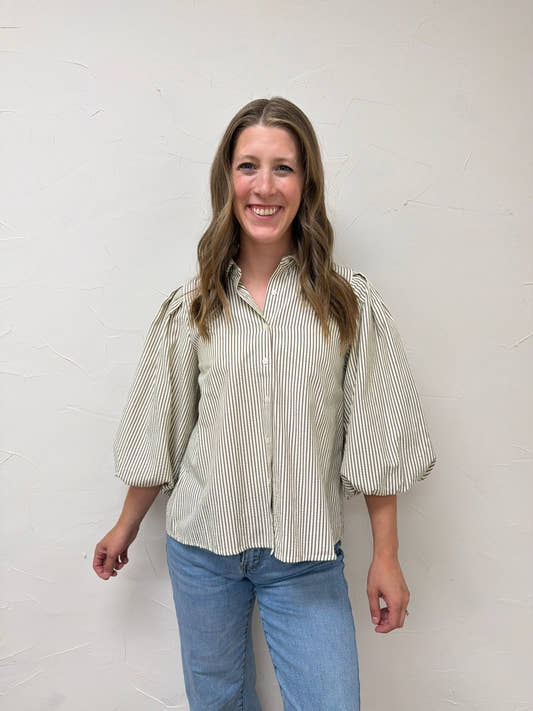Pleated Button Down Shirt for Women – Chic Collared Long Sleeve Blouse - Three:Twelve Boutique - Staccato