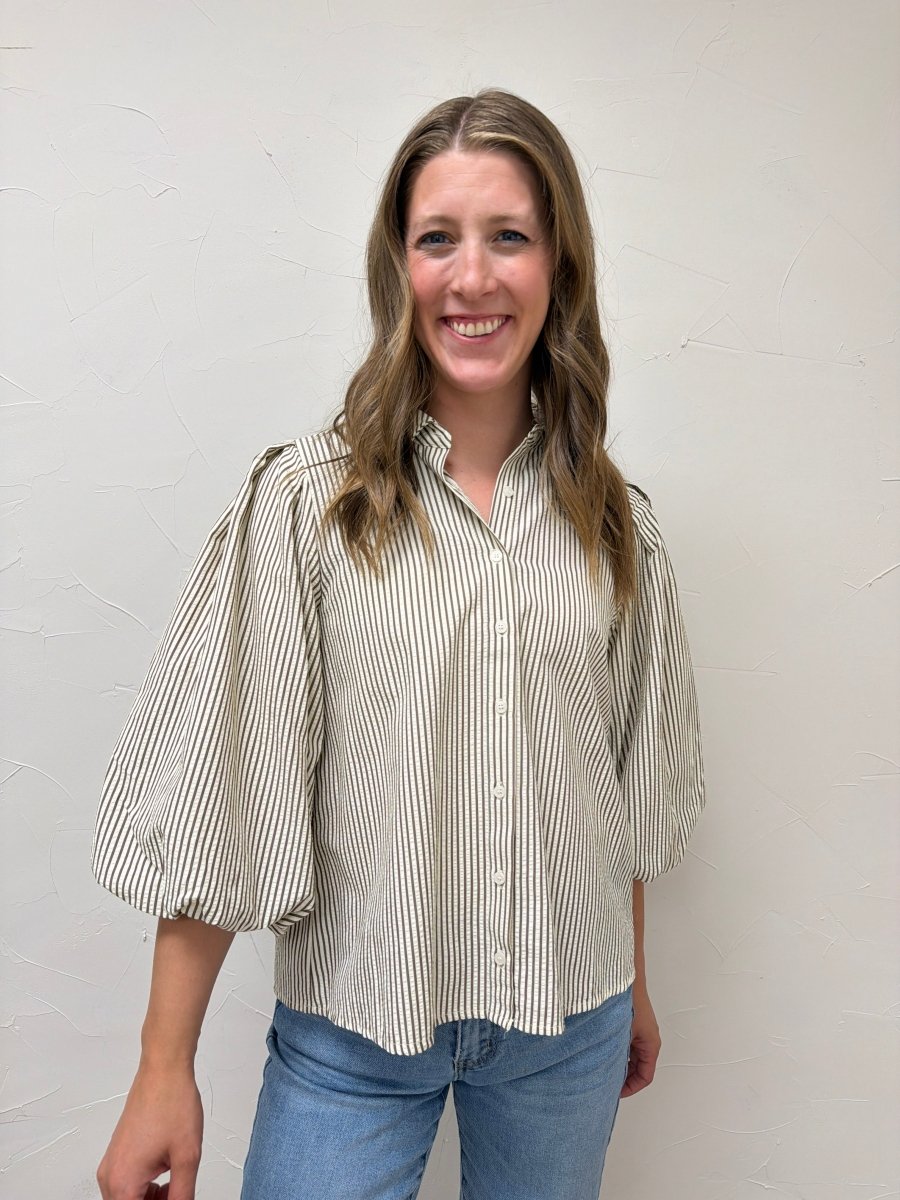 Pleated Button Down Shirt for Women – Chic Collared Long Sleeve Blouse - Three:Twelve Boutique - Staccato