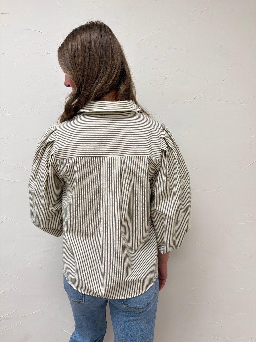 Pleated Button Down Shirt for Women – Chic Collared Long Sleeve Blouse - Three:Twelve Boutique - Staccato