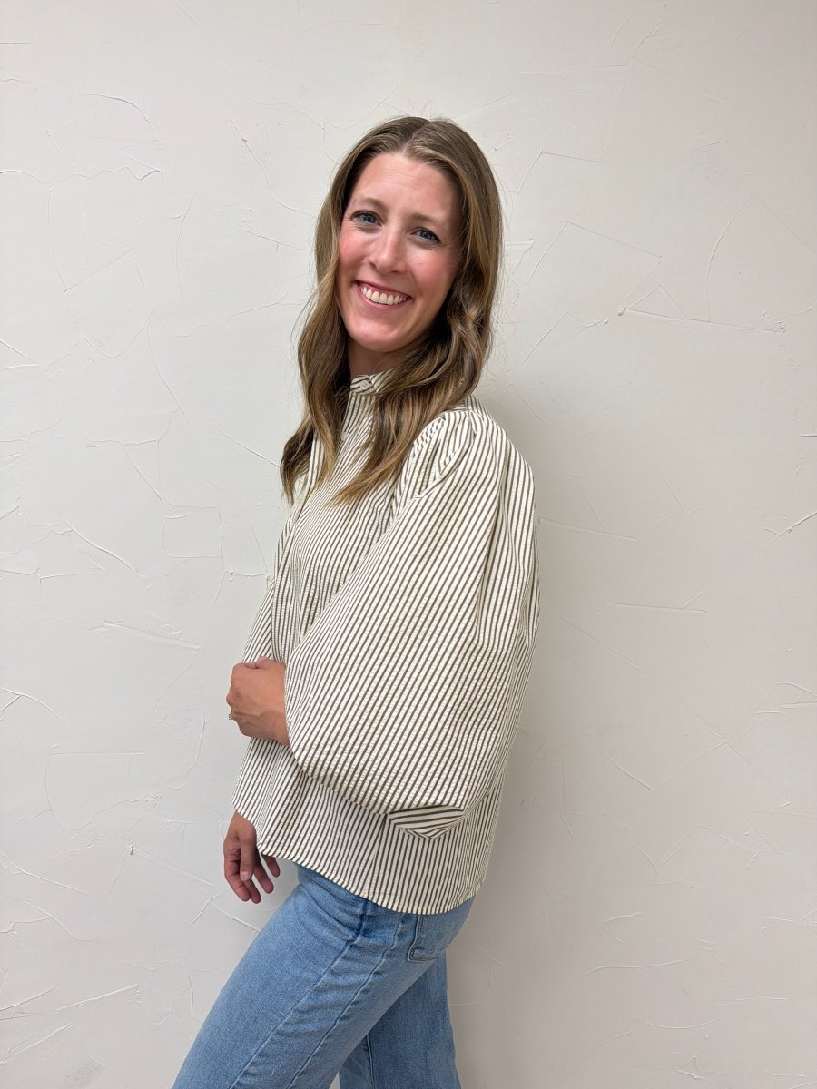 Pleated Button Down Shirt for Women – Chic Collared Long Sleeve Blouse - Three:Twelve Boutique - Staccato