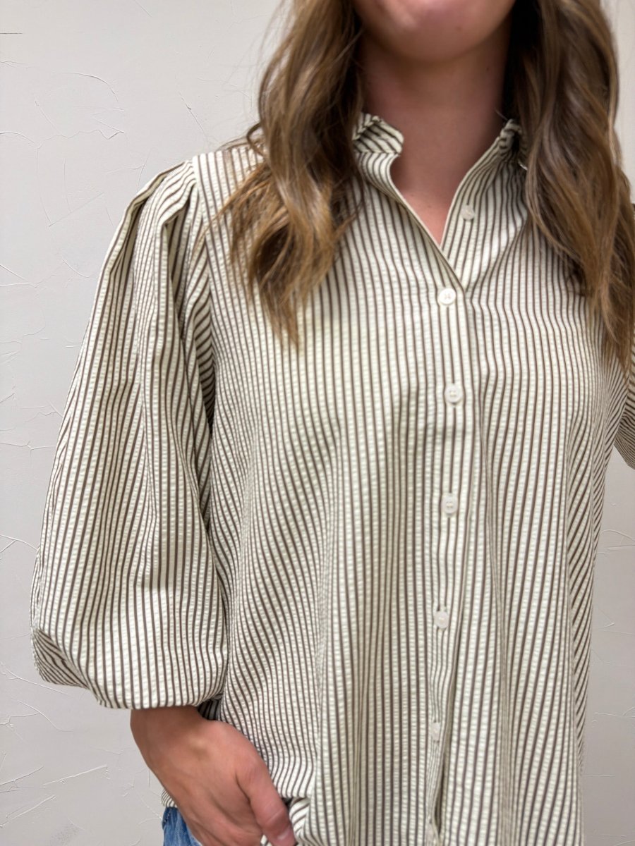 Pleated Button Down Shirt for Women – Chic Collared Long Sleeve Blouse - Three:Twelve Boutique - Staccato