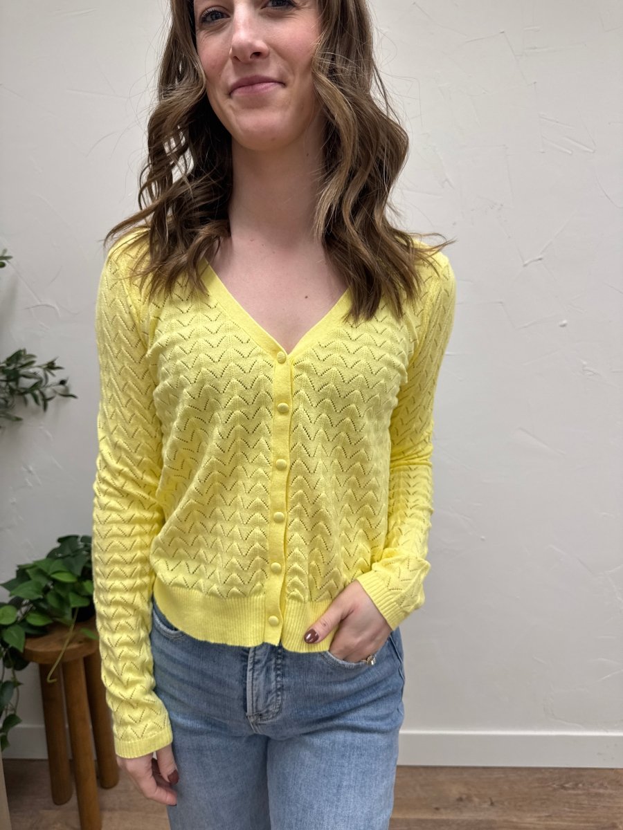 Pointelle Detailed V neck Button Down Sweater - Three:Twelve Boutique - Staccato