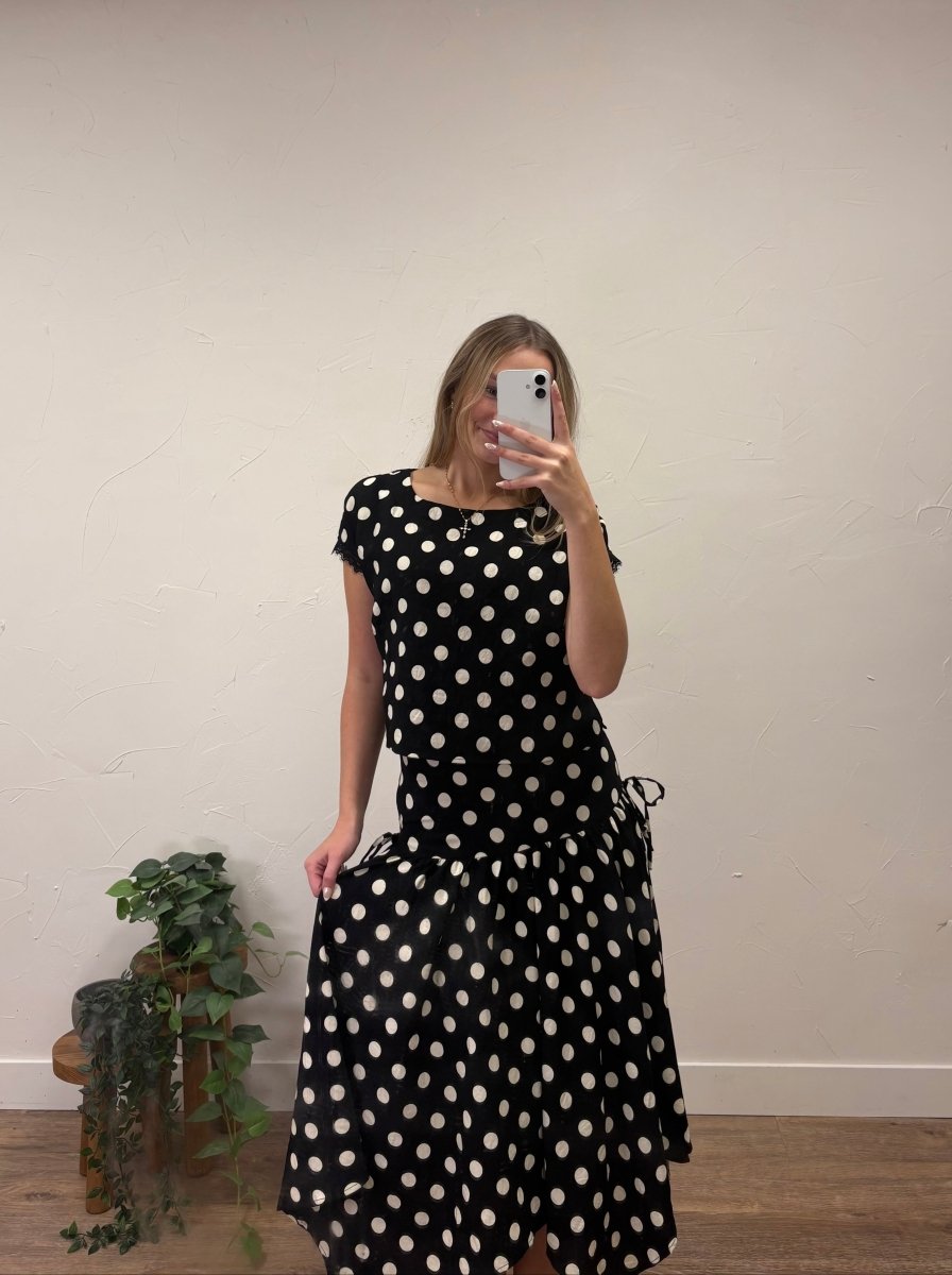 Polka Dot Drop Waist Handkerchief Midi Skirt - Three:Twelve Boutique - Blu Pepper