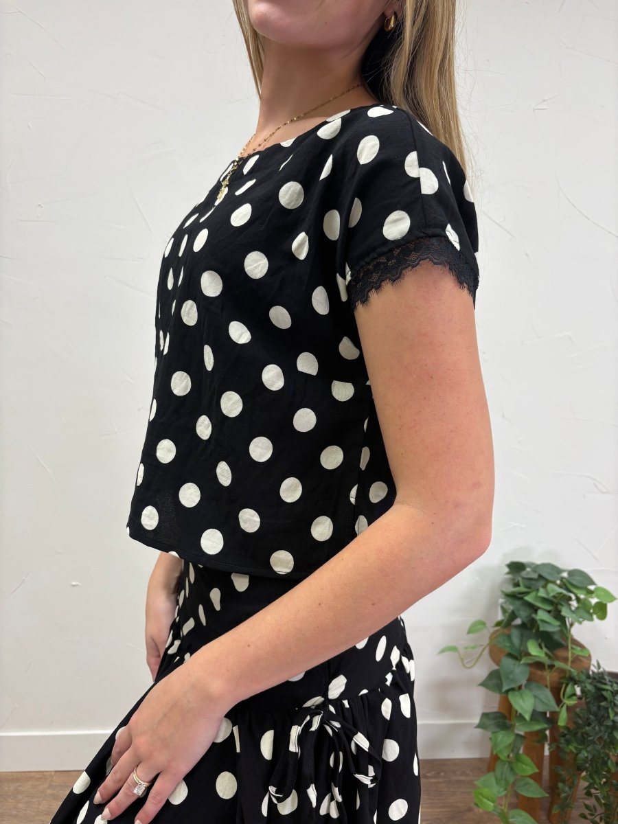 Polka Dot Short Sleeve Lace trim Boxy Top - Three:Twelve Boutique - Blu Pepper