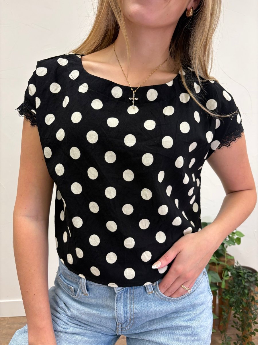 Polka Dot Short Sleeve Lace trim Boxy Top - Three:Twelve Boutique - Blu Pepper