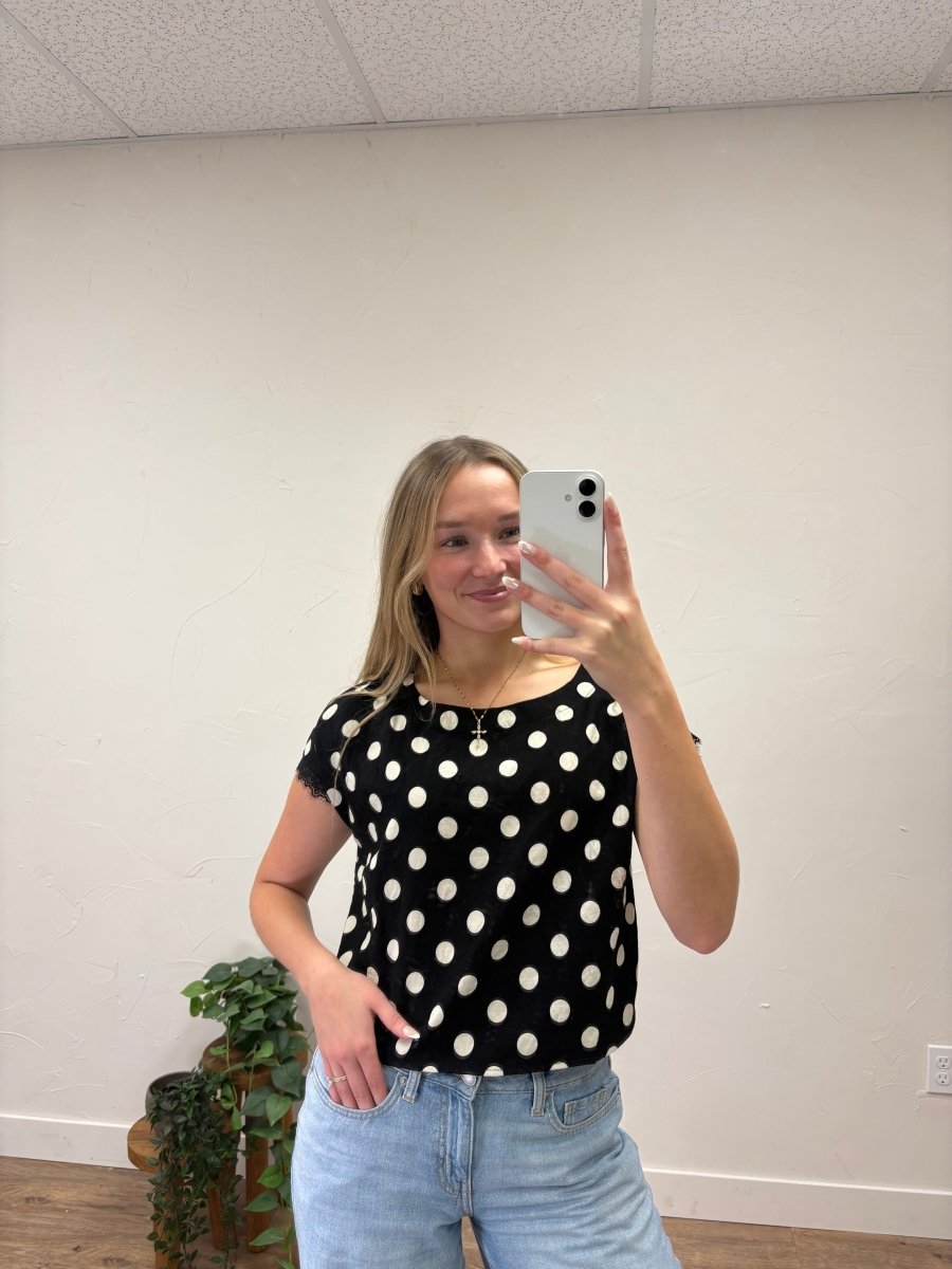 Polka Dot Short Sleeve Lace trim Boxy Top - Three:Twelve Boutique - Blu Pepper