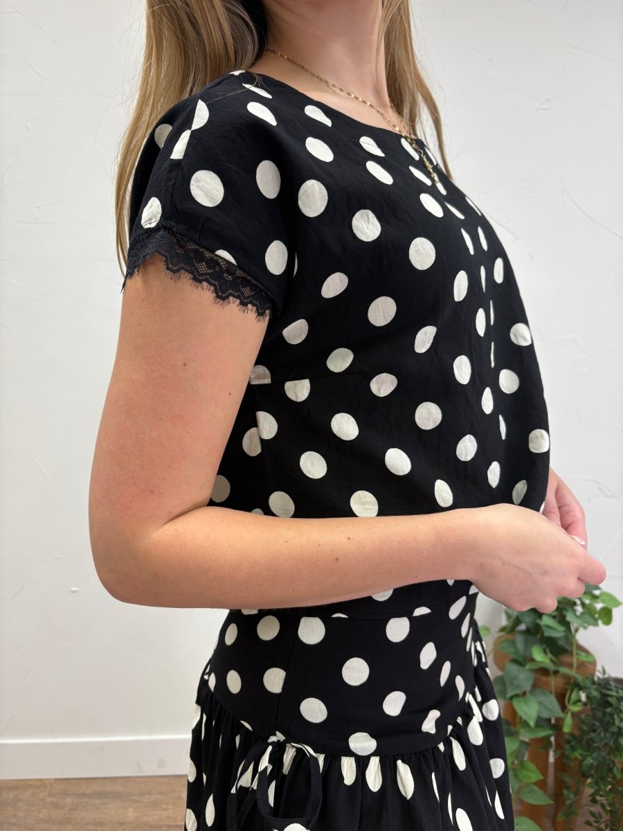 Polka Dot Short Sleeve Lace trim Boxy Top - Three:Twelve Boutique - Blu Pepper