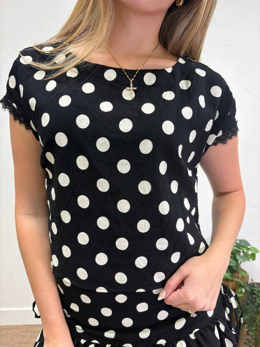 Polka Dot Short Sleeve Lace trim Boxy Top - Three:Twelve Boutique - Blu Pepper