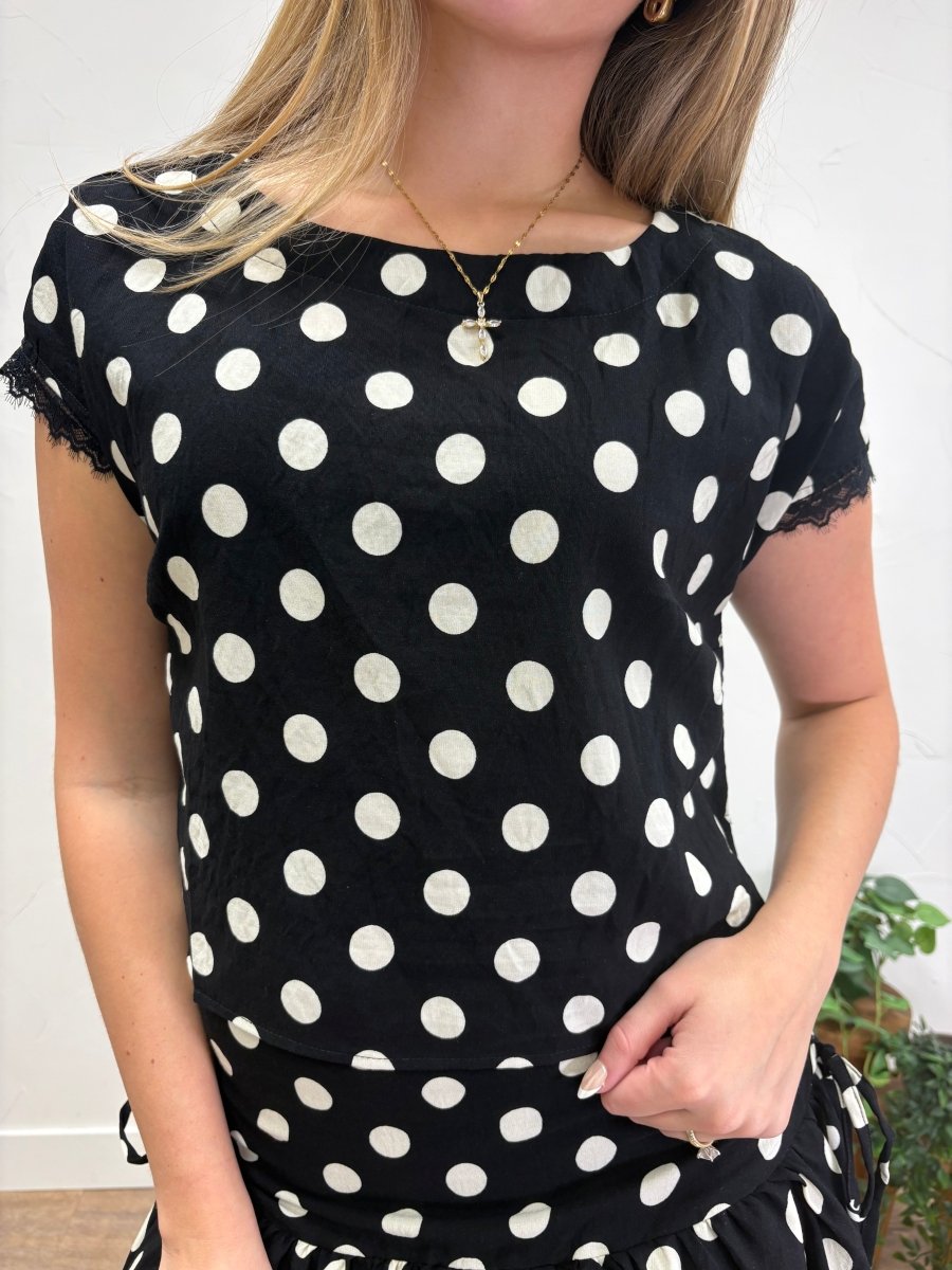 Polka Dot Short Sleeve Lace trim Boxy Top - Three:Twelve Boutique - Blu Pepper