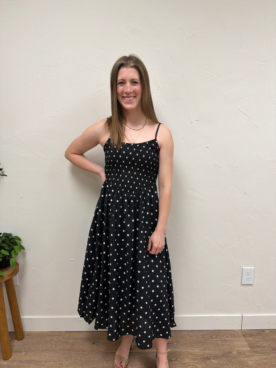 Polka Dot Smocked Basque Waist Midi Dress - Three:Twelve Boutique - Blu Pepper