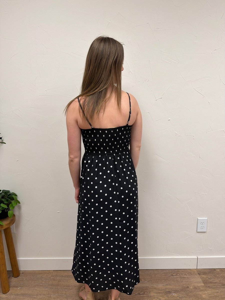 Polka Dot Smocked Basque Waist Midi Dress - Three:Twelve Boutique - Blu Pepper