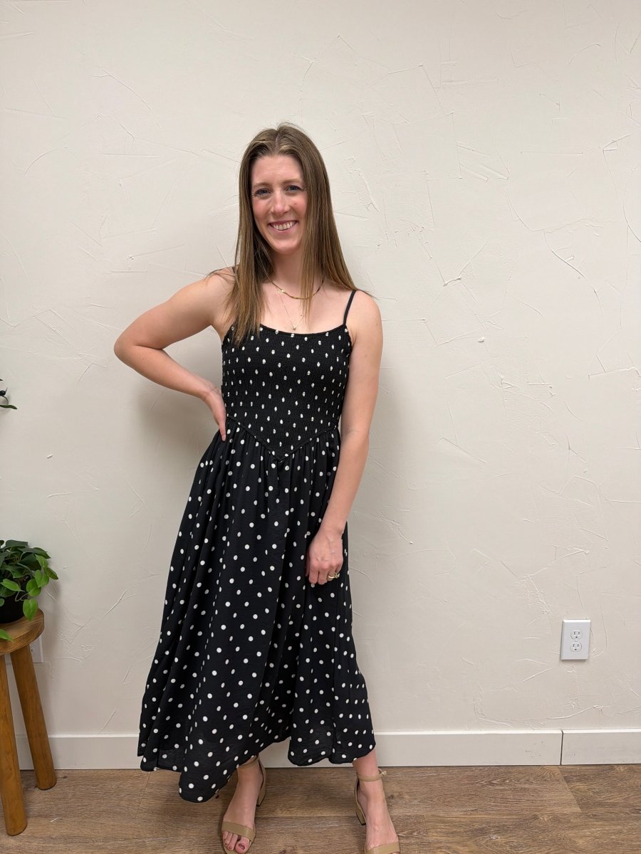 Polka Dot Smocked Basque Waist Midi Dress - Three:Twelve Boutique - Blu Pepper