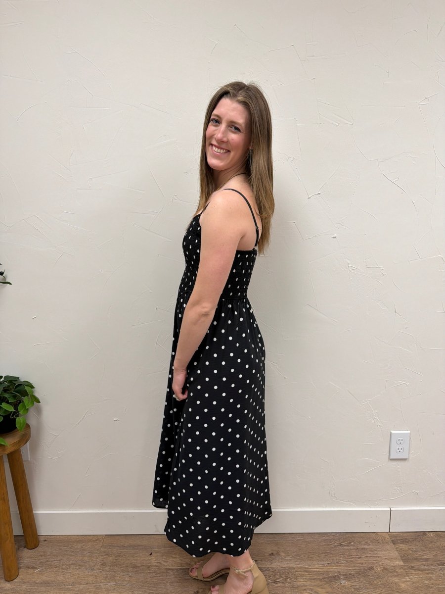 Polka Dot Smocked Basque Waist Midi Dress - Three:Twelve Boutique - Blu Pepper
