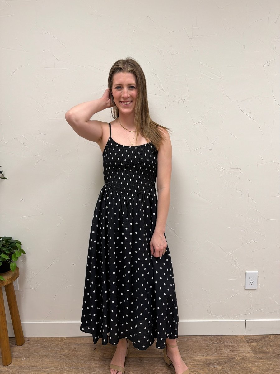 Polka Dot Smocked Basque Waist Midi Dress - Three:Twelve Boutique - Blu Pepper