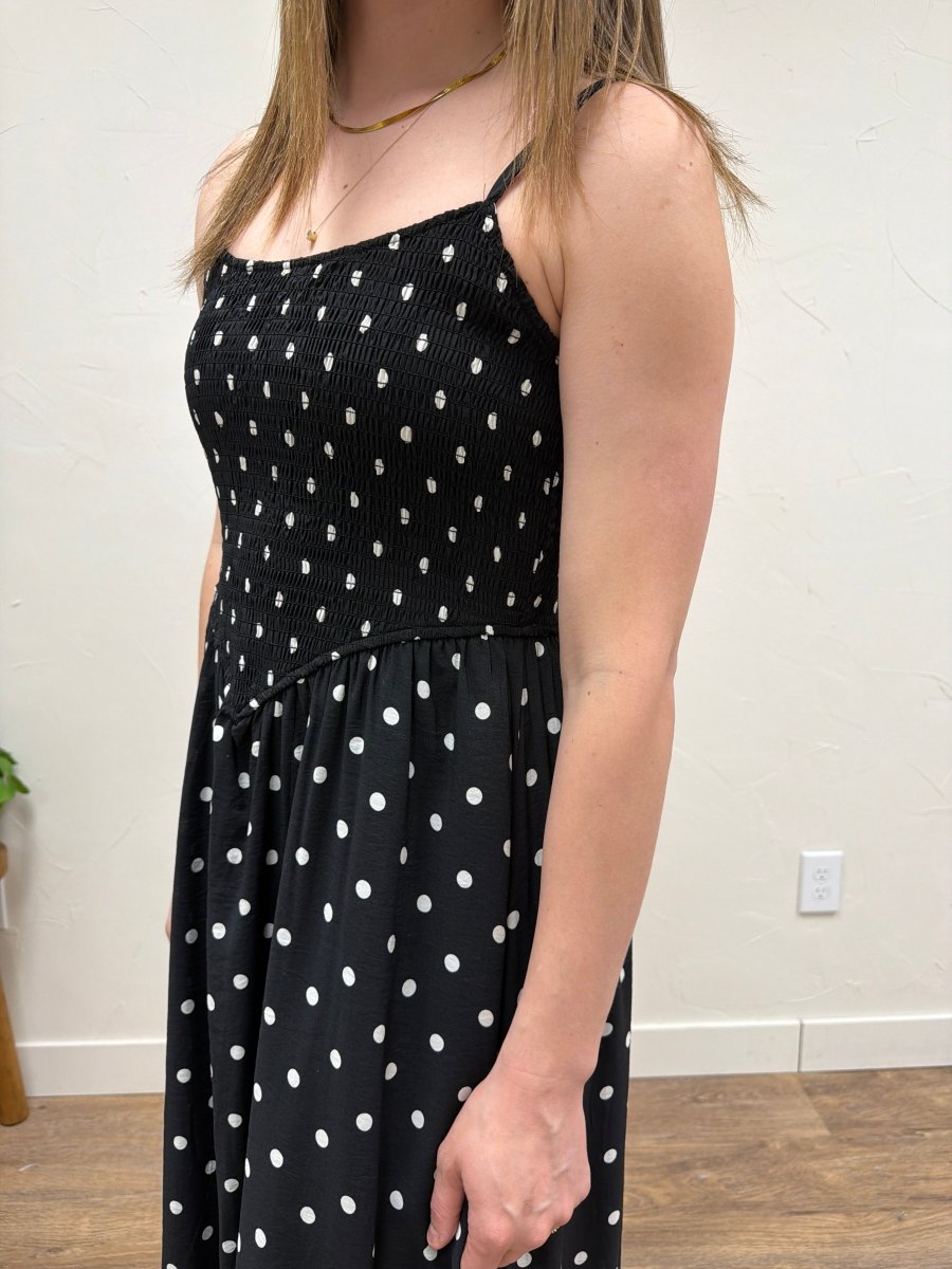 Polka Dot Smocked Basque Waist Midi Dress - Three:Twelve Boutique - Blu Pepper