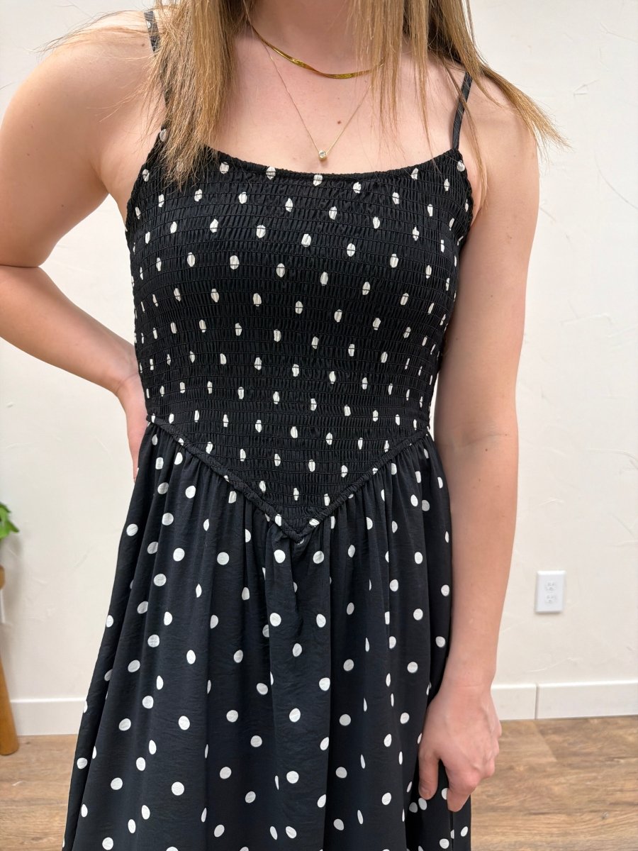 Polka Dot Smocked Basque Waist Midi Dress - Three:Twelve Boutique - Blu Pepper