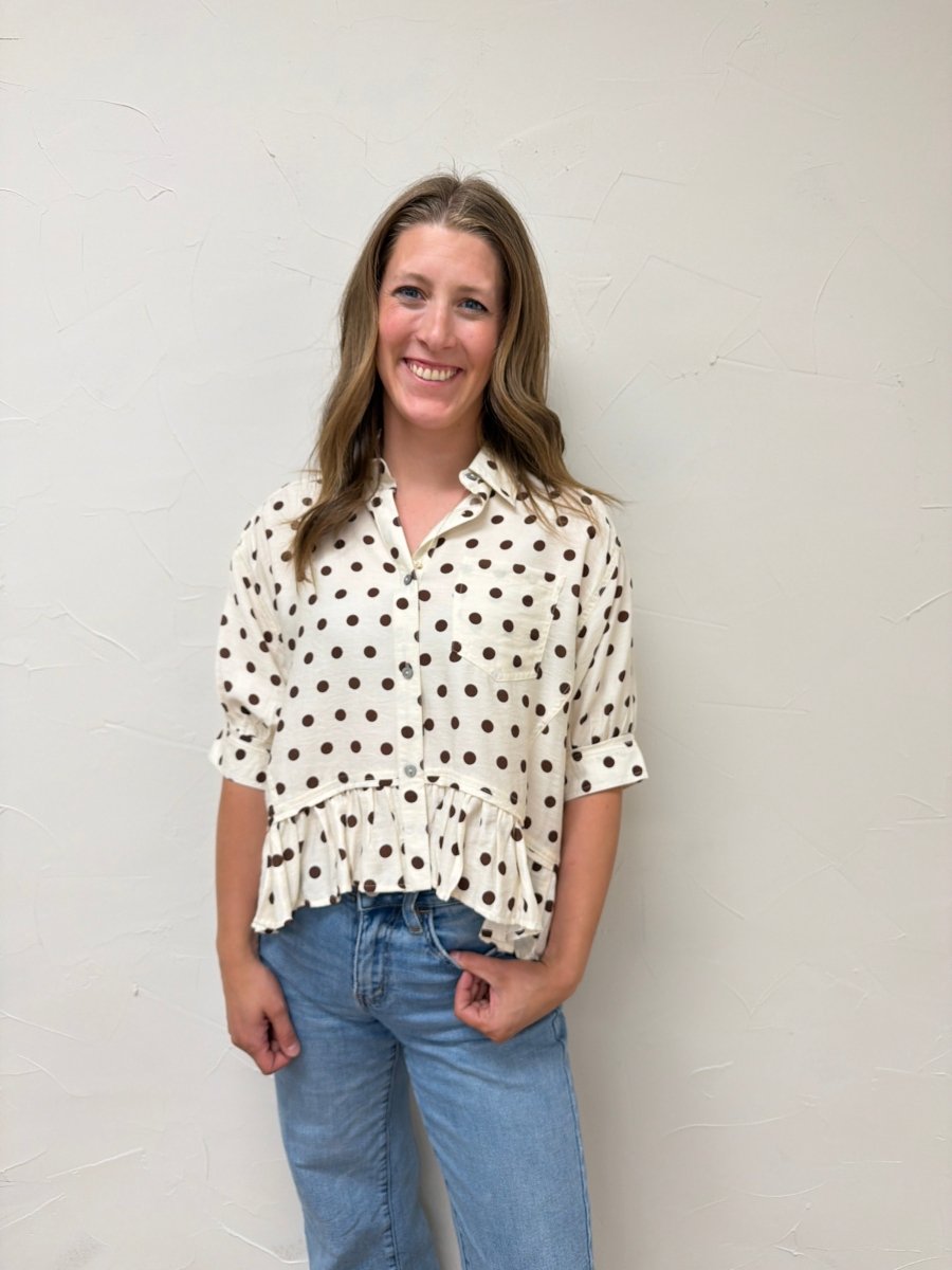 Polka dot waist-length top featuring ruffle hem - Three:Twelve Boutique - Entro