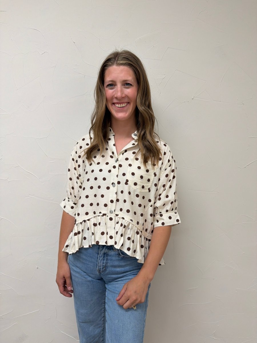 Polka dot waist-length top featuring ruffle hem - Three:Twelve Boutique - Entro