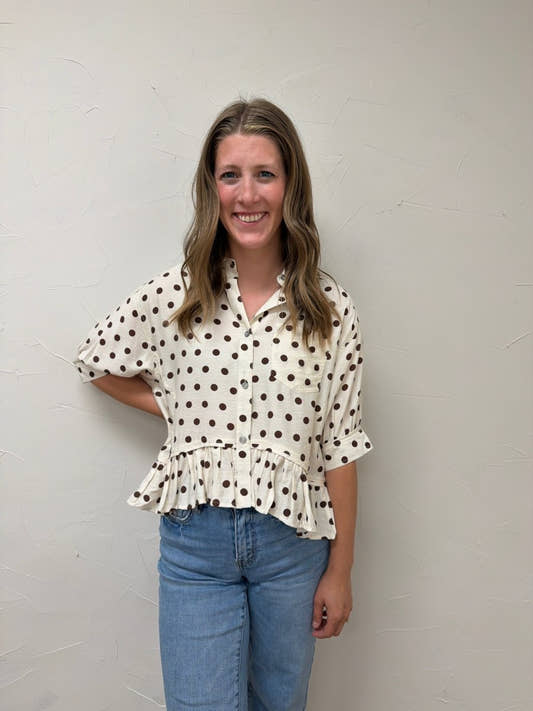 Polka dot waist-length top featuring ruffle hem - Three:Twelve Boutique - Entro