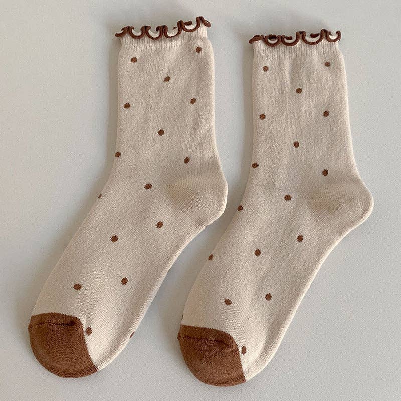 Polka Dots Ruffle Crew Socks: Beige - Three:Twelve Boutique - Dipped Shop