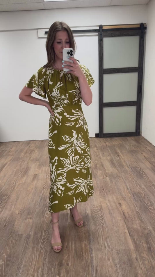 Ruched Neck Woven Midi Dress
