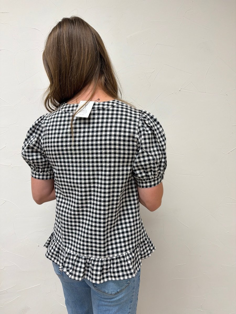 Puff Short Sleeve V Neck Gingham Blouse - Three:Twelve Boutique - VINE & LOVE