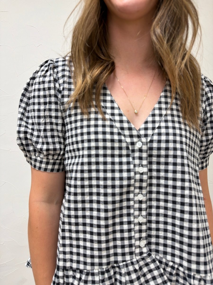 Puff Short Sleeve V Neck Gingham Blouse - Three:Twelve Boutique - VINE & LOVE