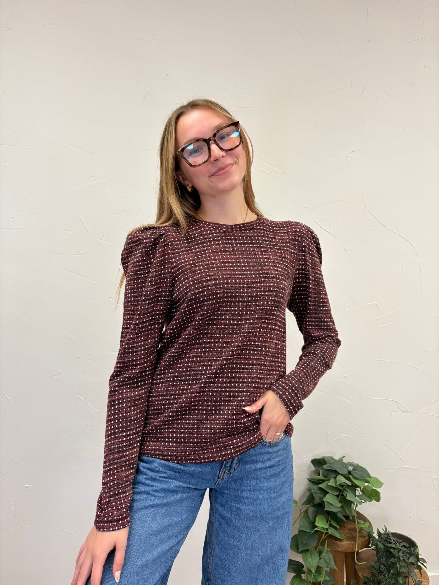 Puff Sleeve Dotted Stripe Knit Top - Three:Twelve Boutique - Staccato