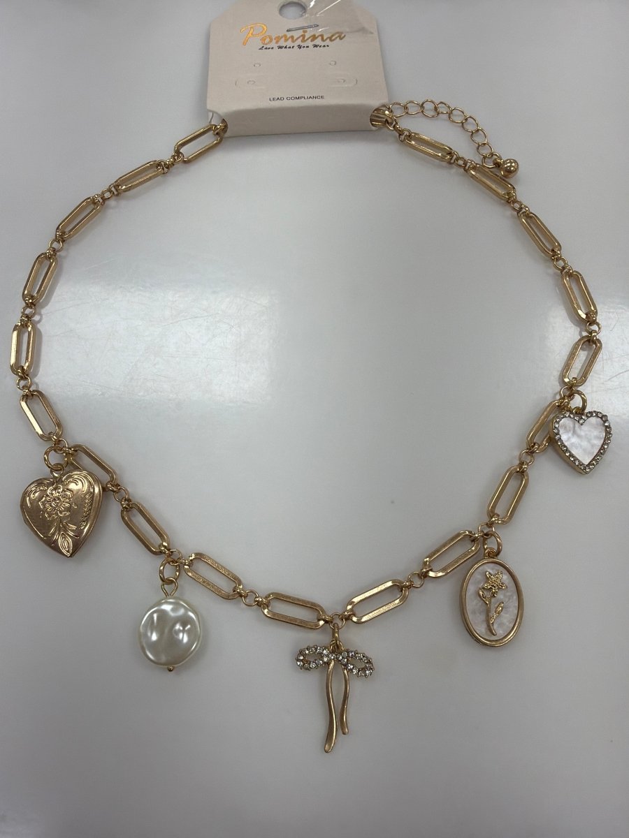 QN4670 Gold Heart, Pearl, and Bow Charm Necklace - Three:Twelve Boutique - Three:Twelve Boutique