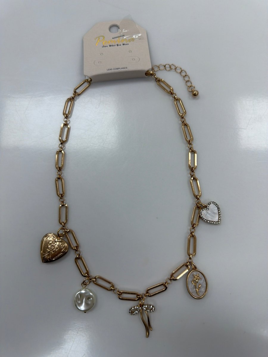 QN4670 Gold Heart, Pearl, and Bow Charm Necklace - Three:Twelve Boutique - Three:Twelve Boutique