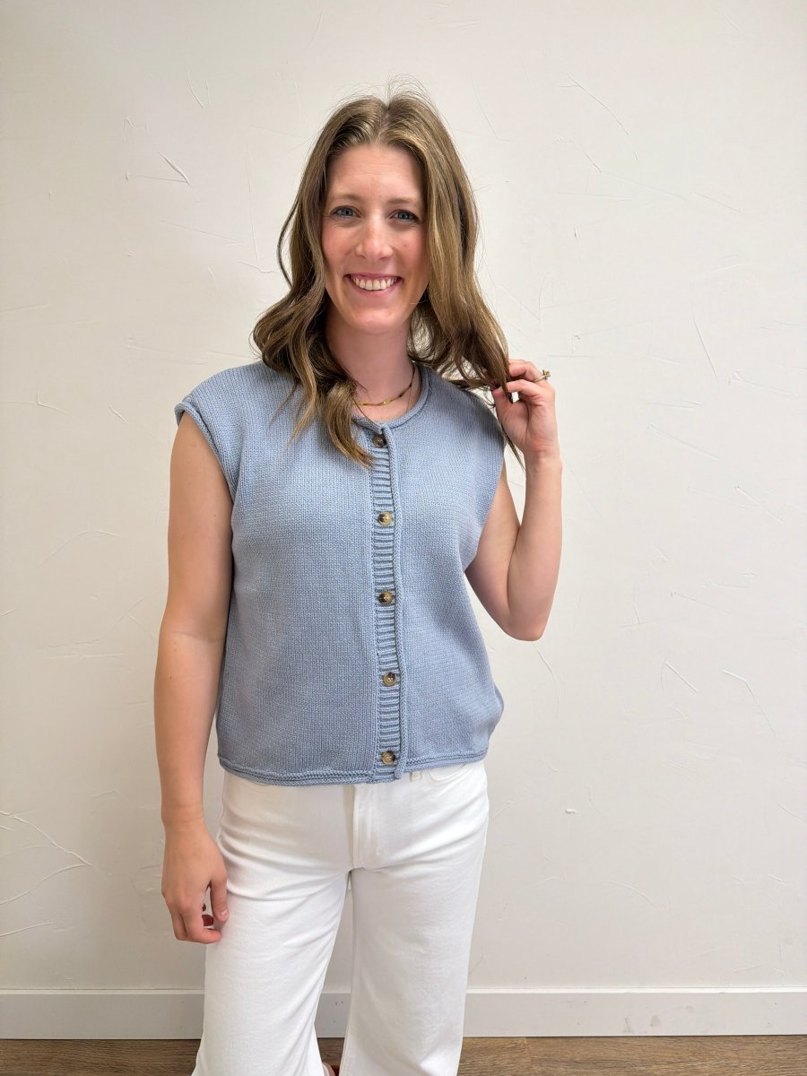 Front view of model wearing Raw Edge Sleeveless Button Down Knit Cardigan for Women