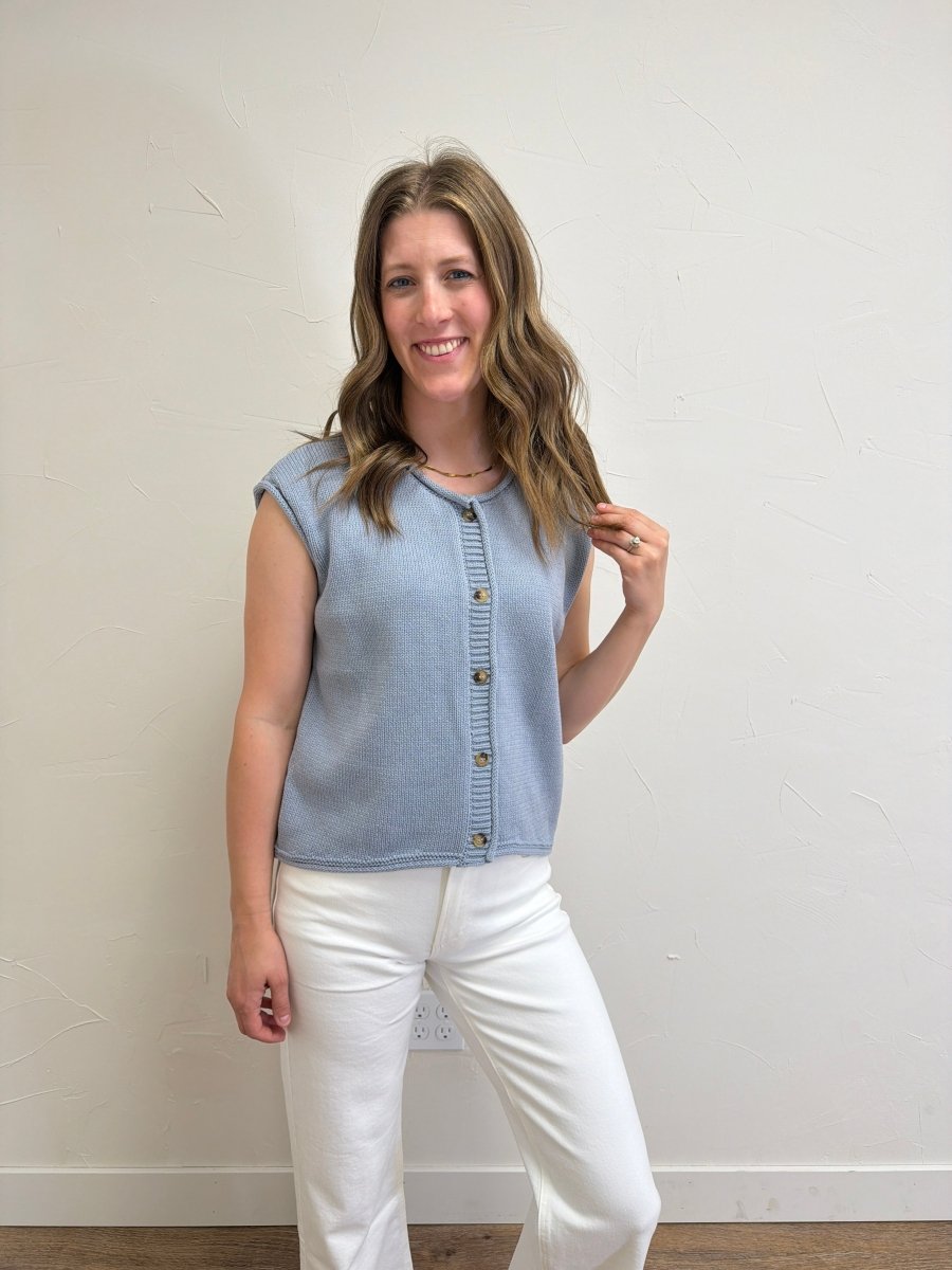 Front view of model wearing Raw Edge Sleeveless Button Down Knit Cardigan for Women