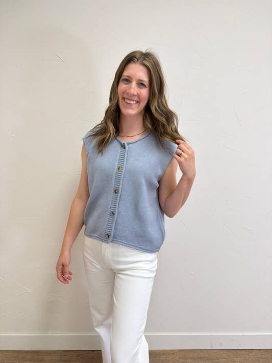 Front view of model wearing Raw Edge Sleeveless Button Down Knit Cardigan for Women