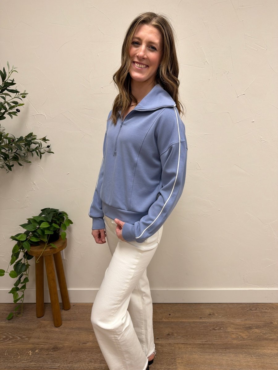 Side view of Regalia Pullover showing overall fit and shape — Three:Twelve Boutique