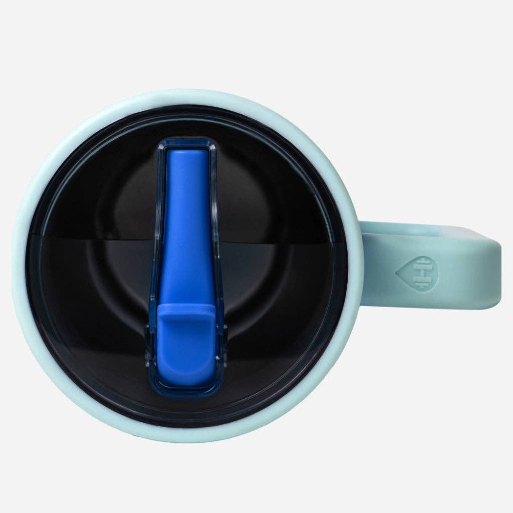 Close-up of leak-proof flip straw lid and spill-resistant design detail
