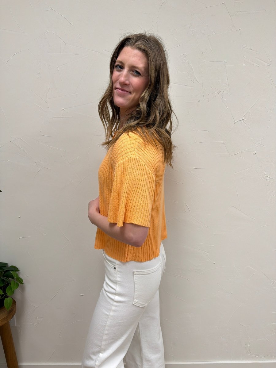 Side view of half sleeve sweater cardigan showing relaxed fit — Three:Twelve Boutique