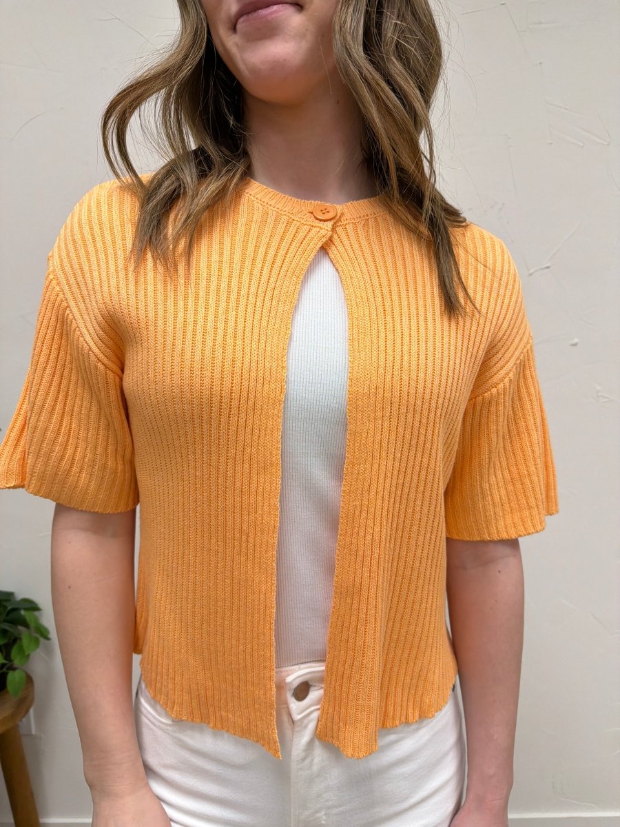 Close up of knit texture and single button detail on sweater cardigan — Three:Twelve Boutique
