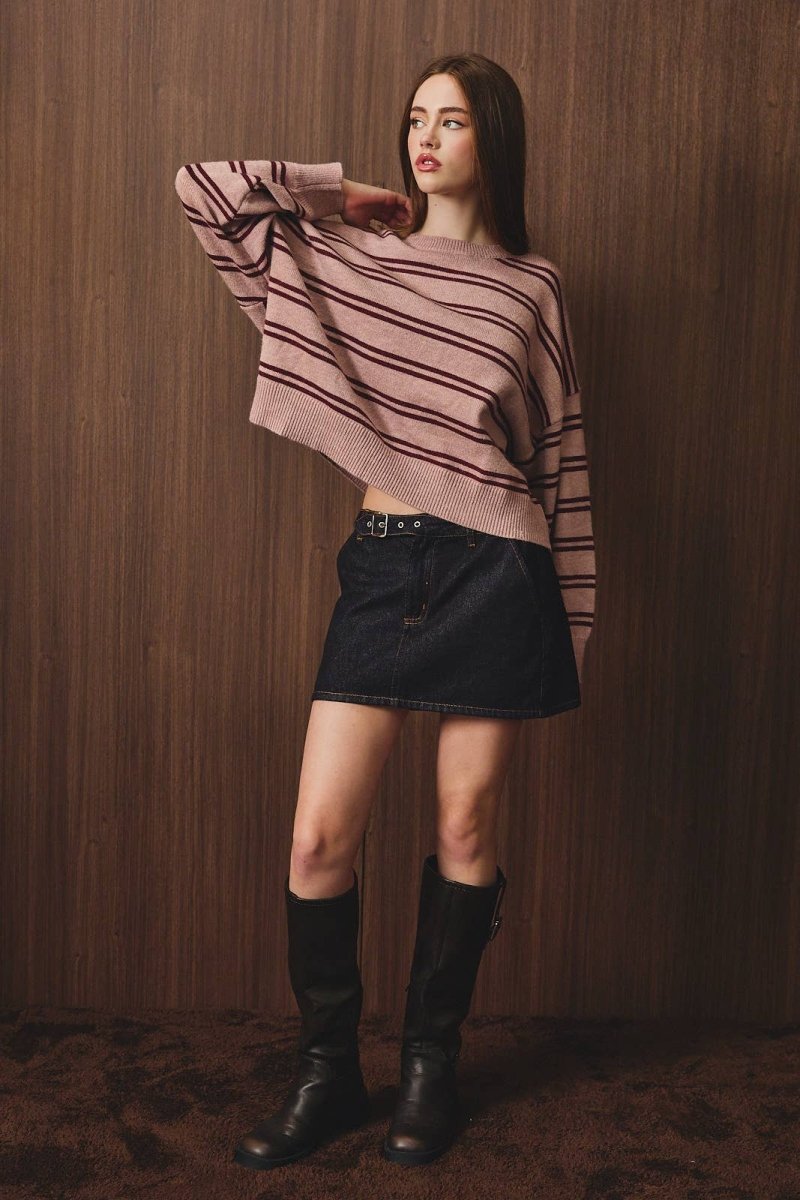 ROUND NECK STRIPE KNIT SWEATER TOP - Three:Twelve Boutique - LE LIS