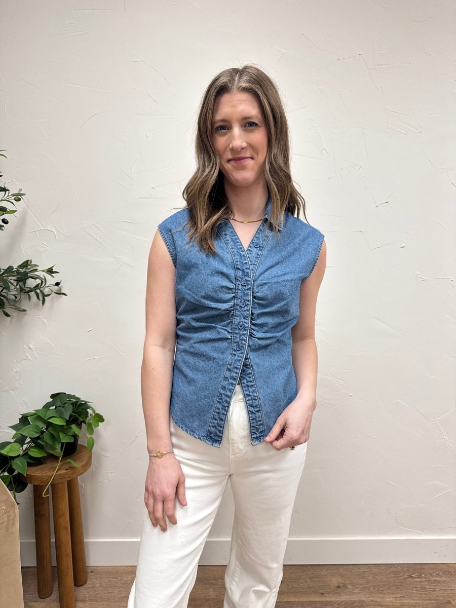Lifestyle shot of model wearing ruched button up top styled with casual outfit — Three:Twelve Boutique