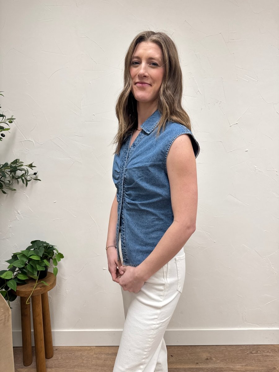 Side view of ruched button up top highlighting fitted shape and structure — Three:Twelve Boutique