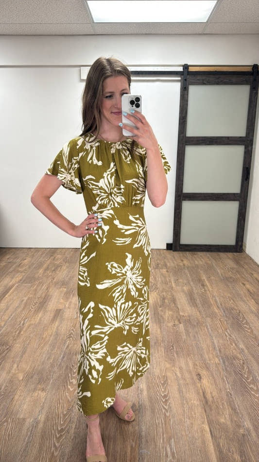 Ruched Neck Woven Midi Dress - Three:Twelve Boutique - Three:Twelve