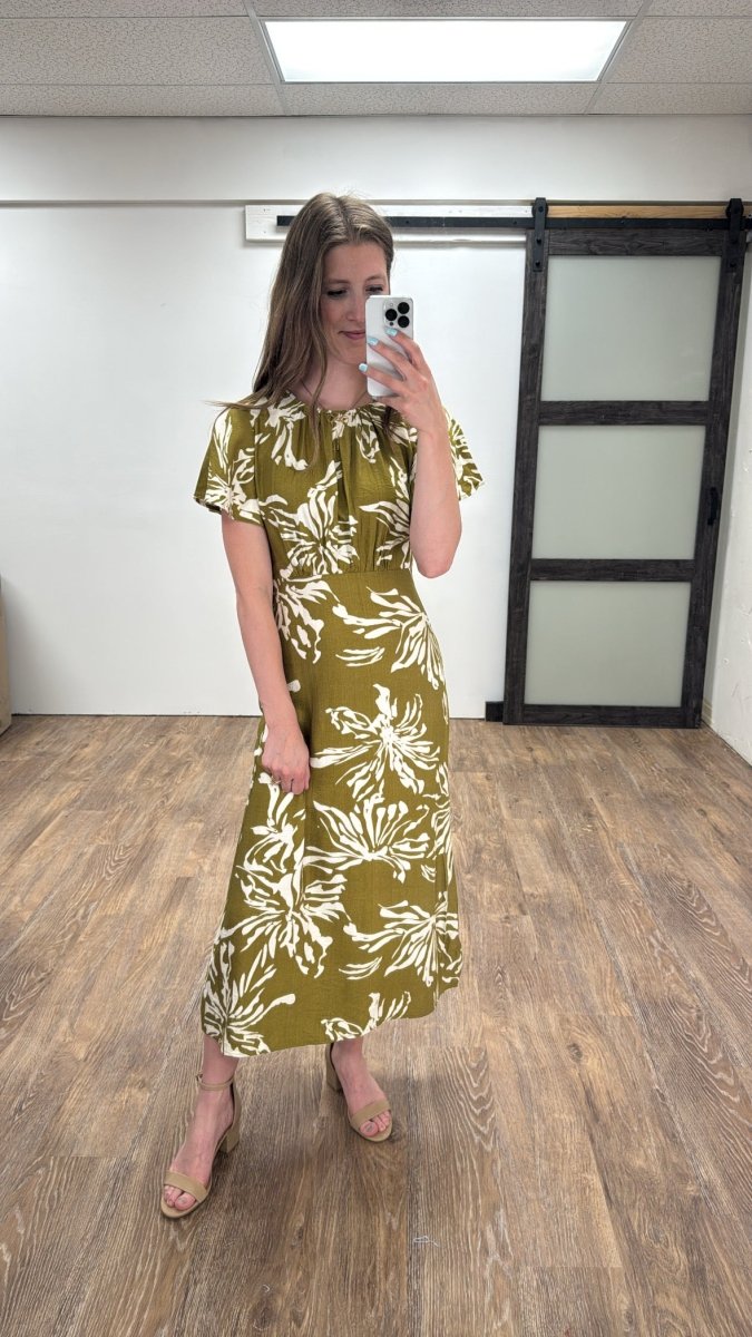 Ruched Neck Woven Midi Dress - Three:Twelve Boutique - Three:Twelve