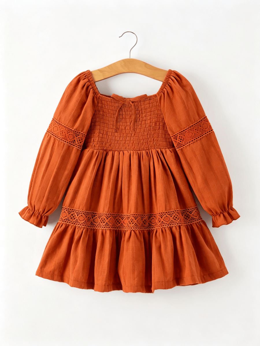 Rust Smocked Lace Trim Ruffle Dress - Three:Twelve Boutique - Rylee Faith Designs