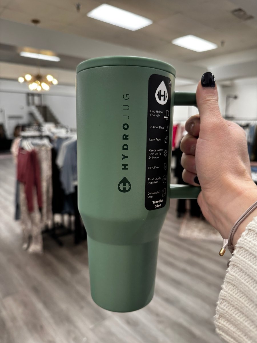 Front view of Sage HydroJug 32 oz Traveler Tumbler in sage color showing full bottle design — Three:Twelve Boutique